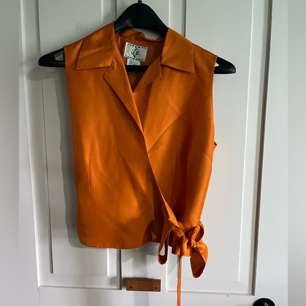 Ice Orange Silk Shell Top with Notch Collar